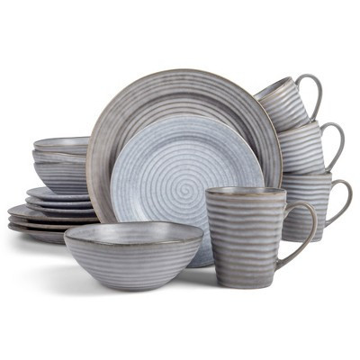 Elanze Designs Chic Ribbed Modern Thrown Pottery Look Ceramic Stoneware Plate Mug & Bowl Kitchen Dinnerware 16 Piece Set - Service for 4, Slate Grey | Target