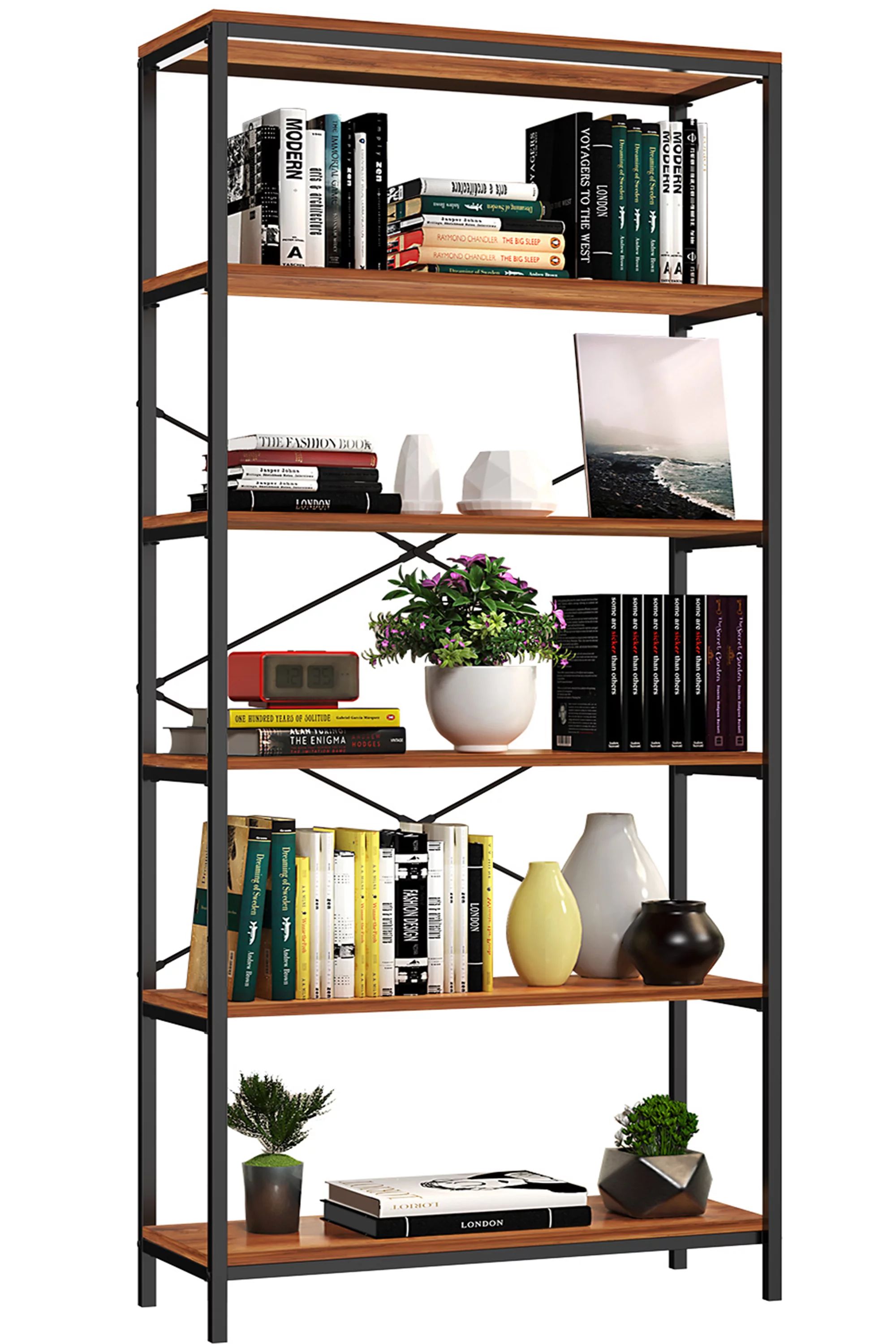 5-Tier Wooden Bookcase Storage Shelves Organizer, Retro Bookshelf Plant Display Shelf, Wood and S... | Walmart (US)