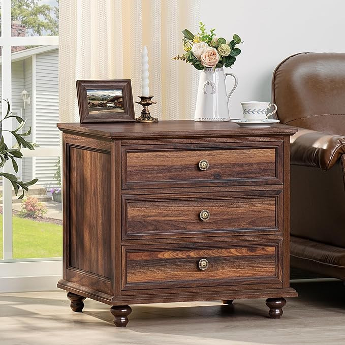 24" Wide Farmhouse Night Stand,Large End Table with 3 Drawers & Metal Handle,Retro Brown Dresser ... | Amazon (US)