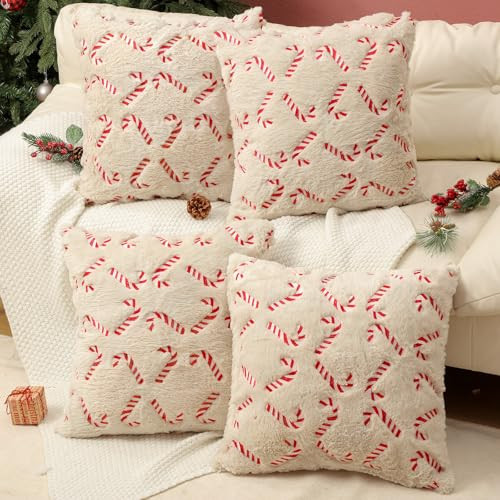 Tranqun 4 Pcs Christmas Candy Cane Throw Pillow Covers 20x20 Inch Xmas Red Candy Embroidery Pillowcases Fluffy Christmas Cane Decorative Cover for Winter Holiday Farmhouse Living Room Sofa Car Decor | Amazon (US)