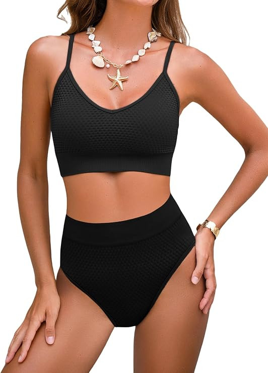 CUPSHE Women's Bikini Set Two Piece Swimsuit Sporty Bathing Suit Textured | Removable Soft Cups, ... | Amazon (US)