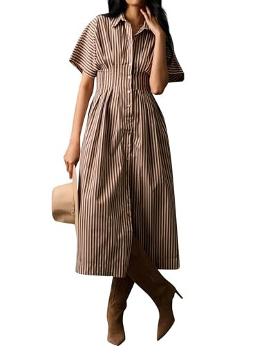 synound Women’s Button Front Down Pleated Shirt Maxi Dress Short Sleeve Collar Striped Summer Casual Long Swing Blouse Dress Brown | Amazon (US)