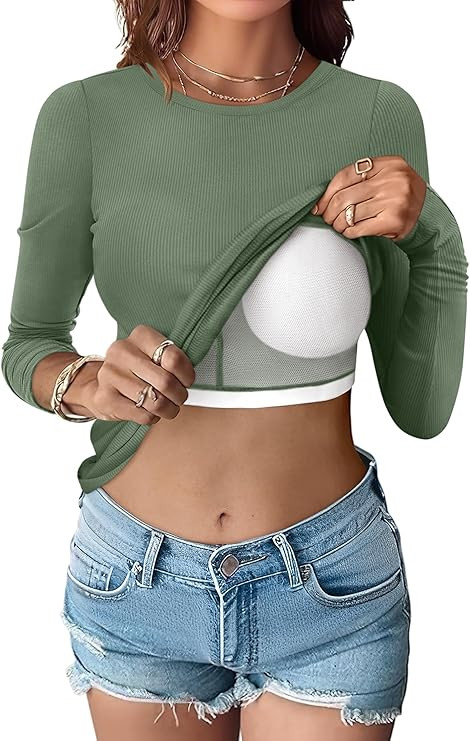 ANRABESS Women Long Sleeve Shirts Built-in Bra Crewneck Rib Knit Slim Fit Basic Tee Tops 2025 Fal... | Amazon (US)