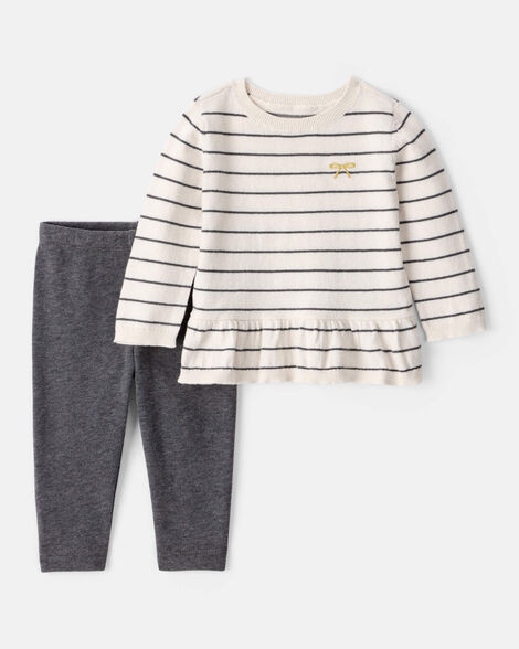 Baby Girl Bow Striped Long-Sleeve Tee & Pant Set - White/Grey | Carter's Inc
