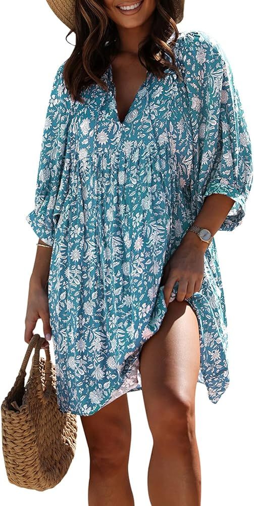 miduo Womens Casual V Neck Summer Half Sleeve Bohemian Floral Mini Tunic Short Dresses | Amazon (US)