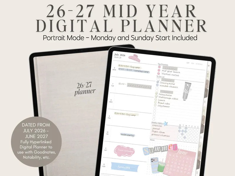 2026 2027 Mid Year Digital Planner by Allie Marie Digital, Portrait, Monthly Weekly Daily for Goo... | Etsy (Global)