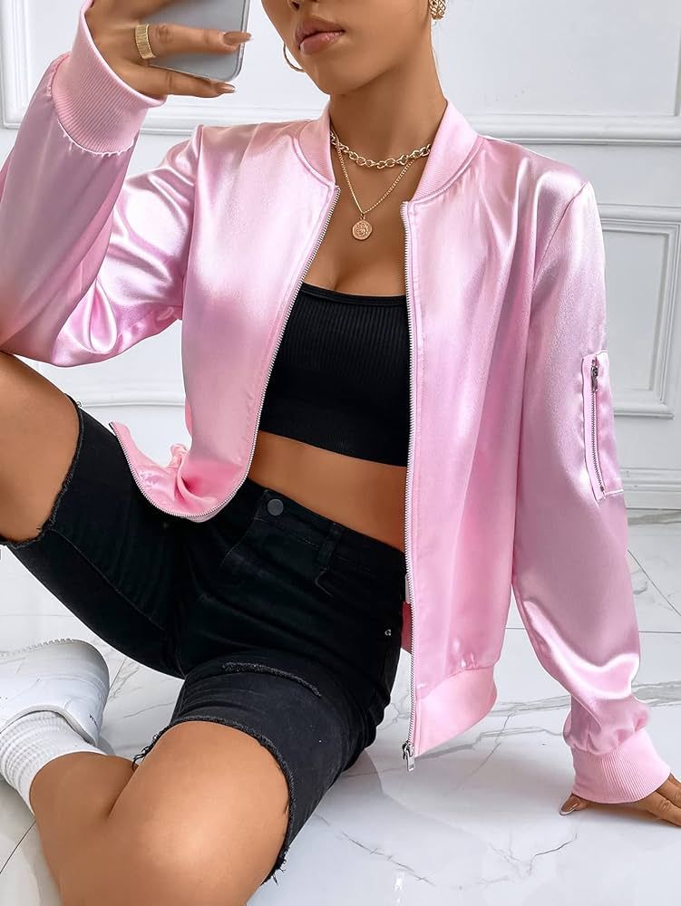 Jackets for Women Zip Up Satin Bomber Jacket Women's Jackets (Color : Pink, Size : Medium) | Amazon (US)