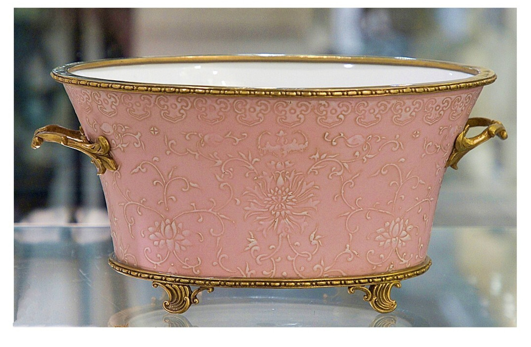 Porcelain Pink Oval Planter. Bronze Accents. Hand Embossed - 12"L | eBay US