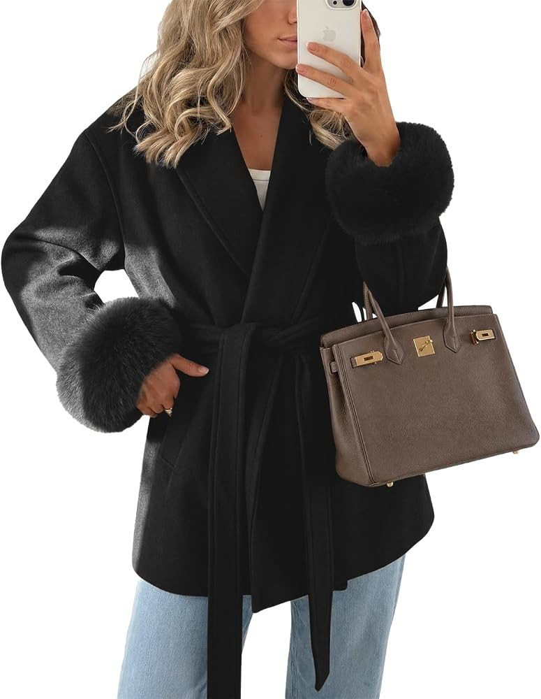 Cicy Bell Womens Winter Wrap Pea Coat Faux Fur Lapel Belted Overcoat | Amazon (US)