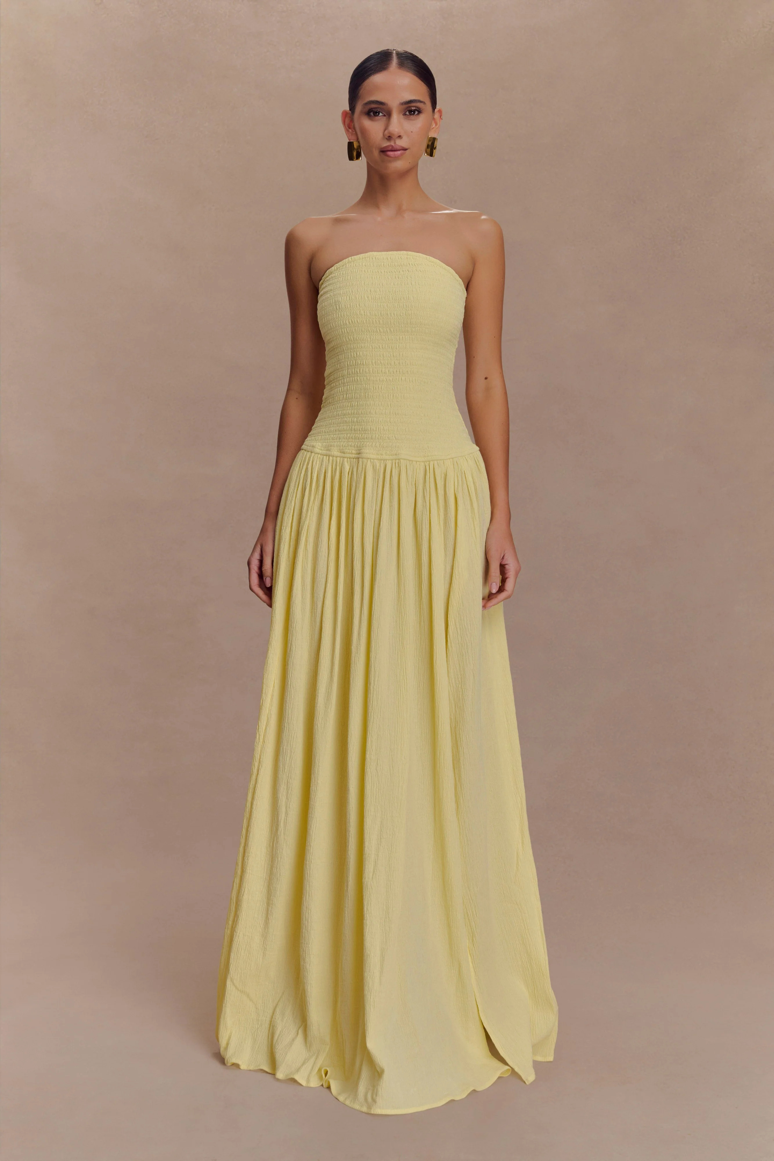 Maureen Cotton Shirring Maxi Dress - Lemon | MESHKI US
