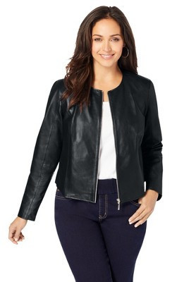 Jessica London Women's Plus Size Collarless Leather Jacket - 12 W, Black | Target