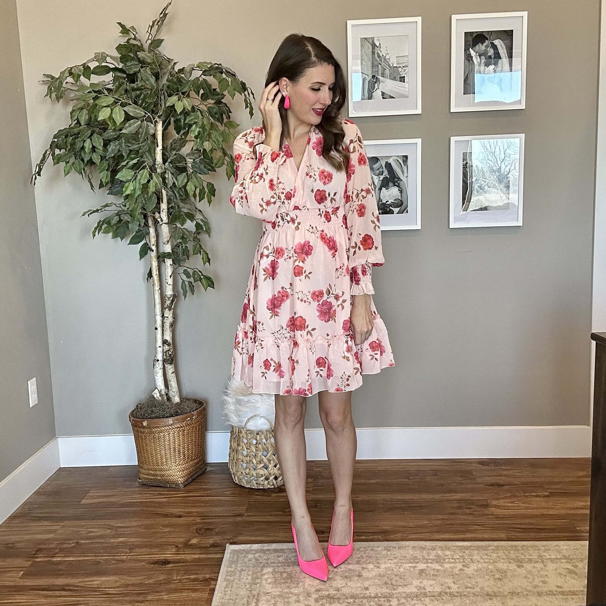 Pink floral boho dress with some hot pink accents! 

Date night, Valentine’s Day outfit, wedding guest dress, galentines outfit  

#LTKwedding #LTKparties #LTKfindsunder50