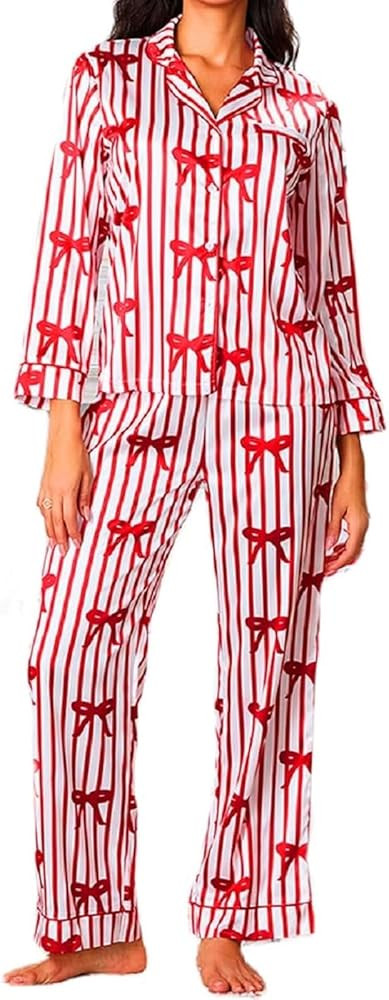 Argeousgor Women Cute Christmas Pajama Sets Satin Silk Pajamas Long Sleeve Shirt Wide Leg Pants 2... | Amazon (US)