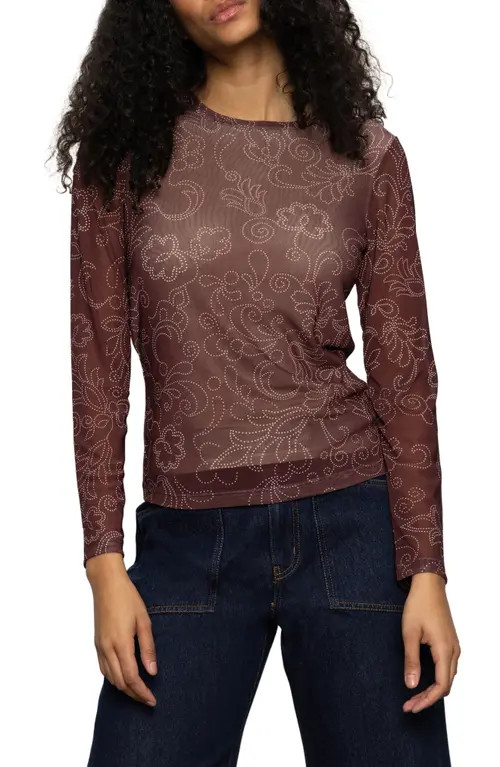 Sanctuary Floral Print Long Sleeve Mesh Top in Bohemian at Nordstrom, Size X-Large | Nordstrom