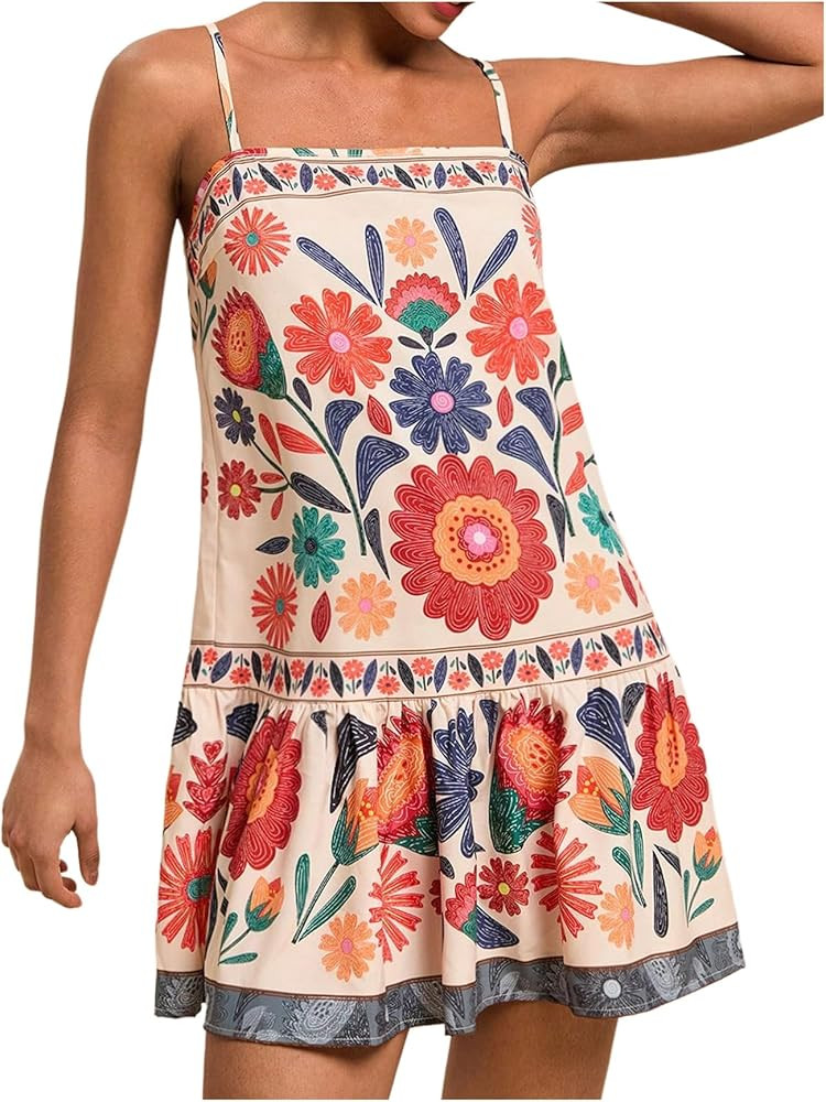 RoseSeek Women's Floral Boho Flowy Mini Cami Dress Ruffle Hem Spaghetti Strap Vacation Tank Dress... | Amazon (US)