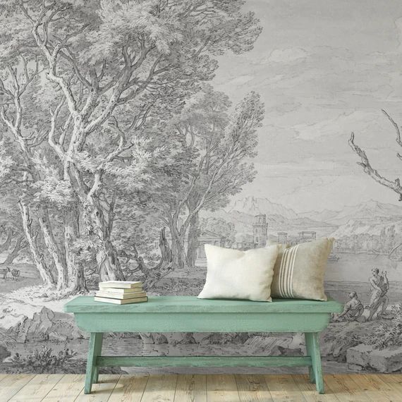 Classic old landcape black and white wall mural, peel and stick  vintage self adhesive wallpaper,... | Etsy (US)