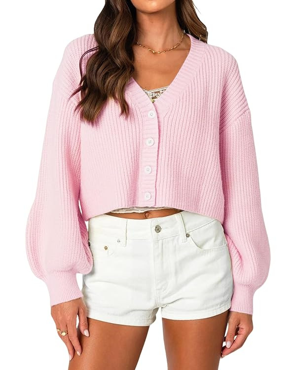 OZICERD Fall Chunky Knit Cropped Cardigan Sweaters for Women Cozy V Neck Button Open Front Light ... | Amazon (US)