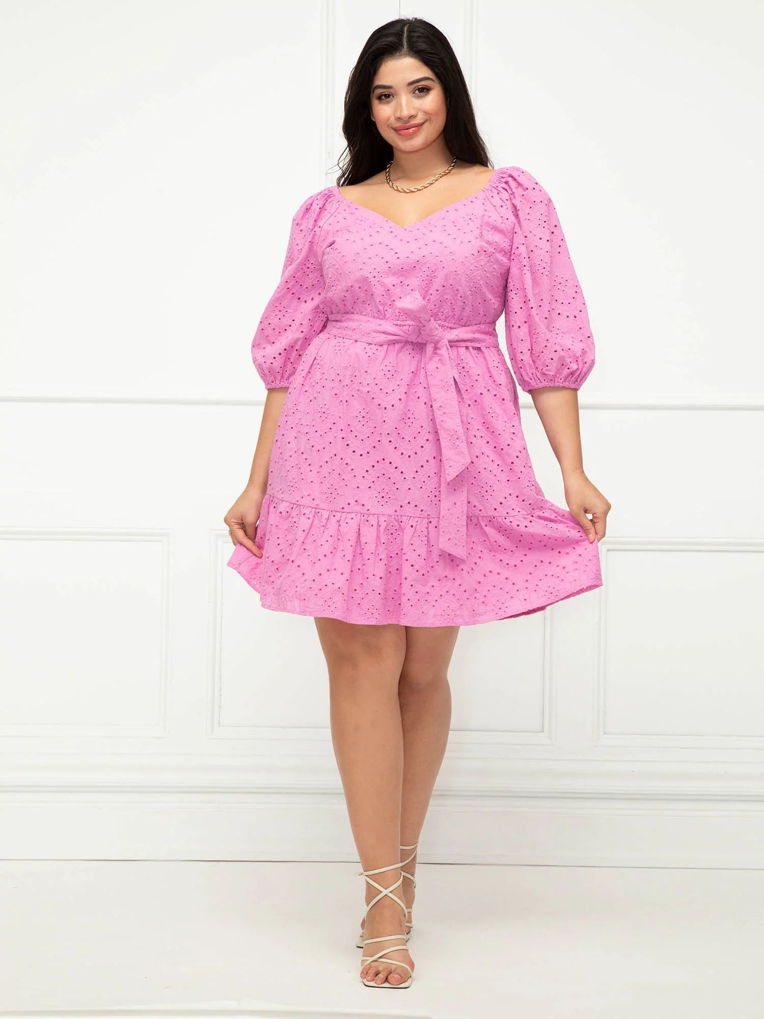 ELOQUII Elements Women's Plus Size Belted Eyelet Dress - Walmart.com | Walmart (US)