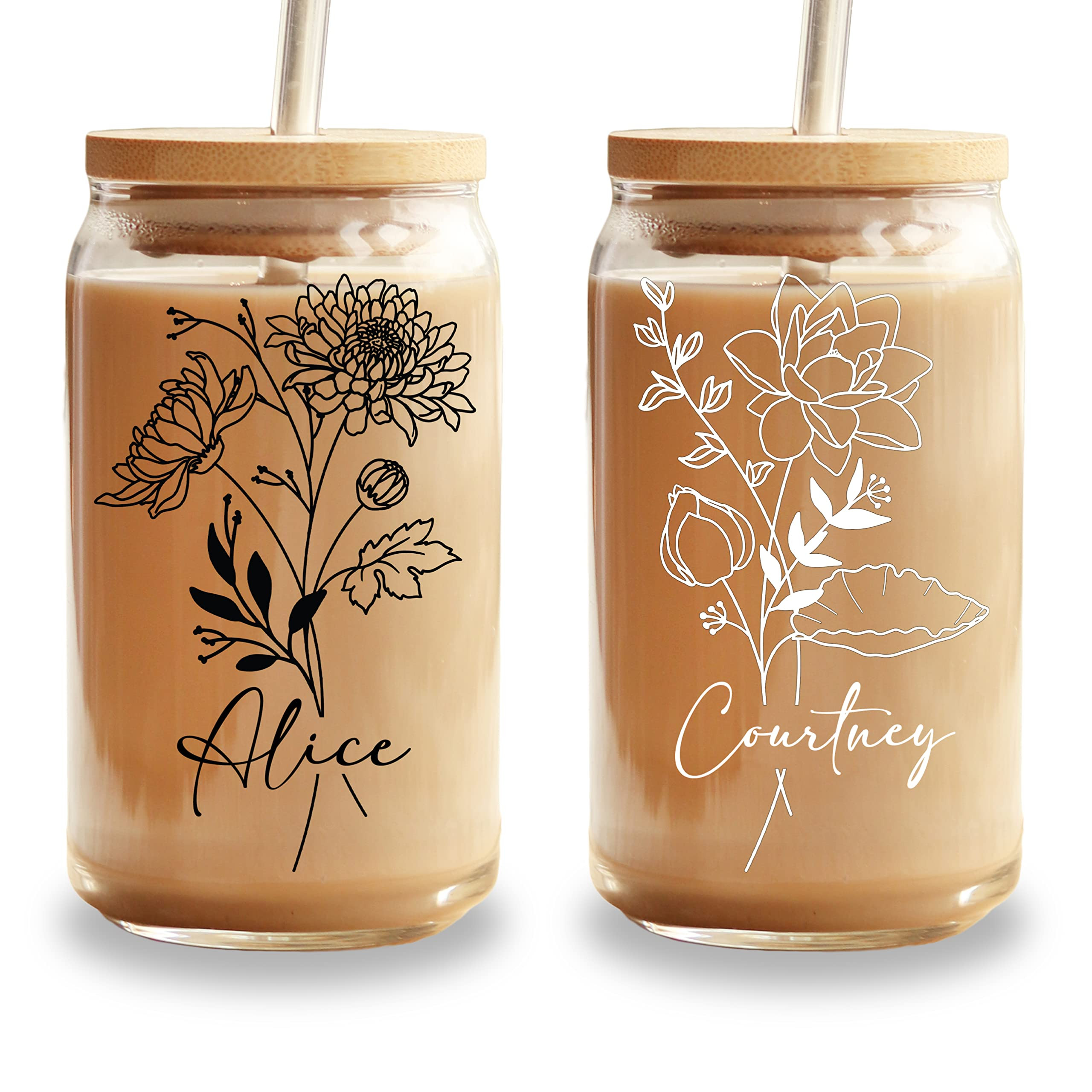 Personalized Birth Flower 16oz Glass Can Cup, Custom Name Bridesmaid Bridal Party Gift, Floral Ic... | Amazon (US)