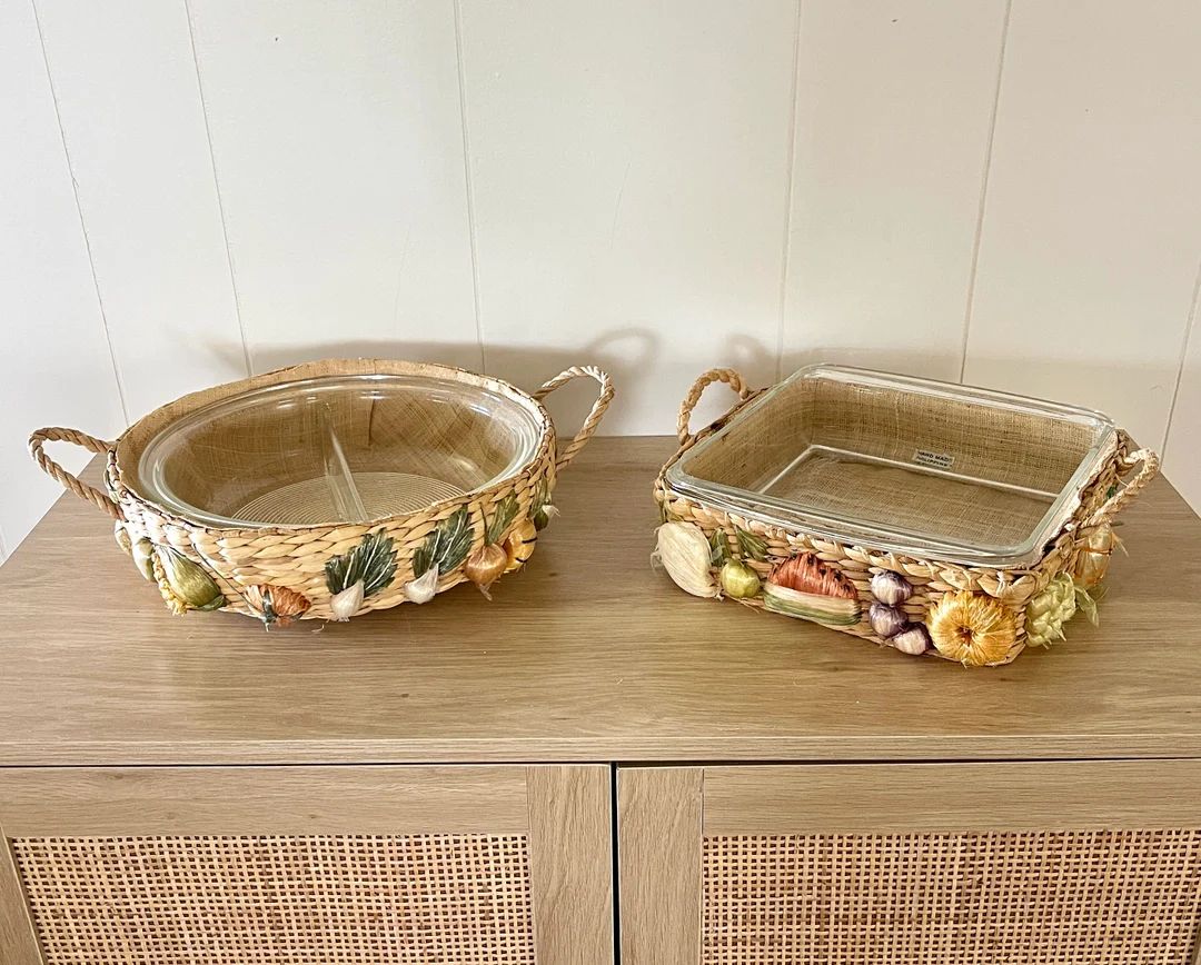Vintage 1960s Pyrex Bakeware & Woven Casserole Raffia fruit Carriers SOLD INDIVIDUALLY 595 Divide... | Etsy (US)