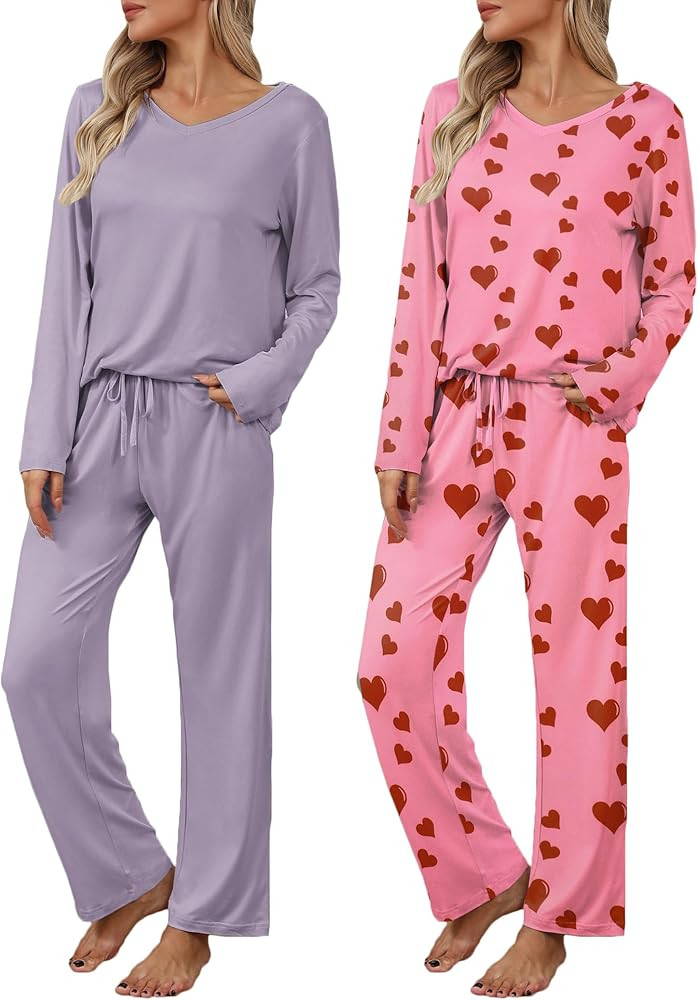 Ekouaer Womens 2 Pack Pajama Set Long Sleeve Pajamas Top and Pants V Neck Pjs Set Soft Loungewear... | Amazon (US)