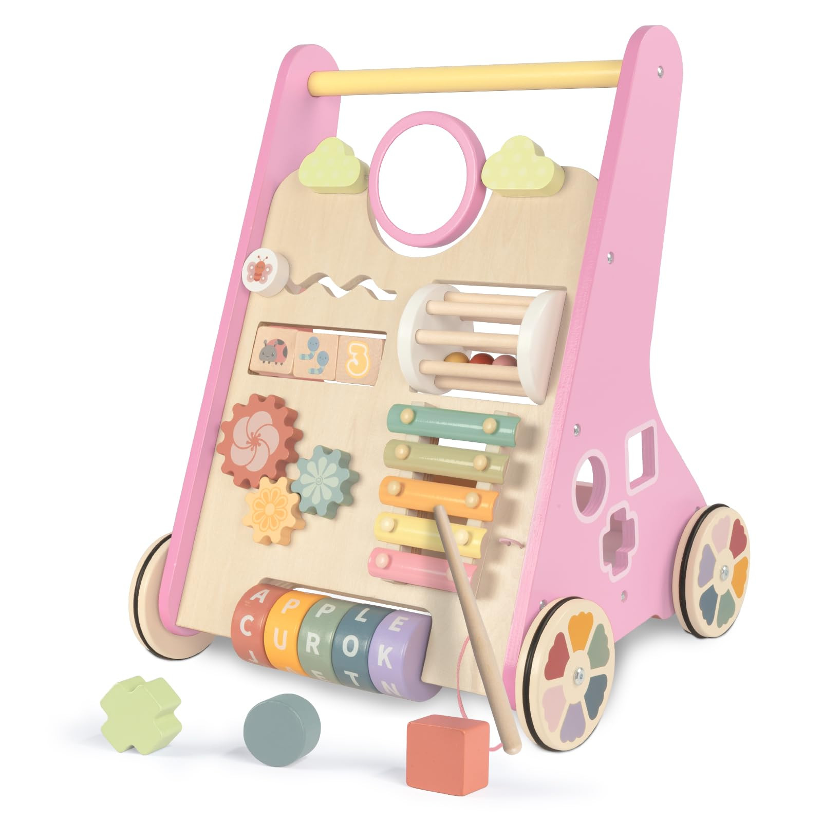 LOL-FUN Wooden Baby Walker With Wheels for Girls 12 Months - Pink Push Toy for 1 Year Old Walking | Amazon (US)