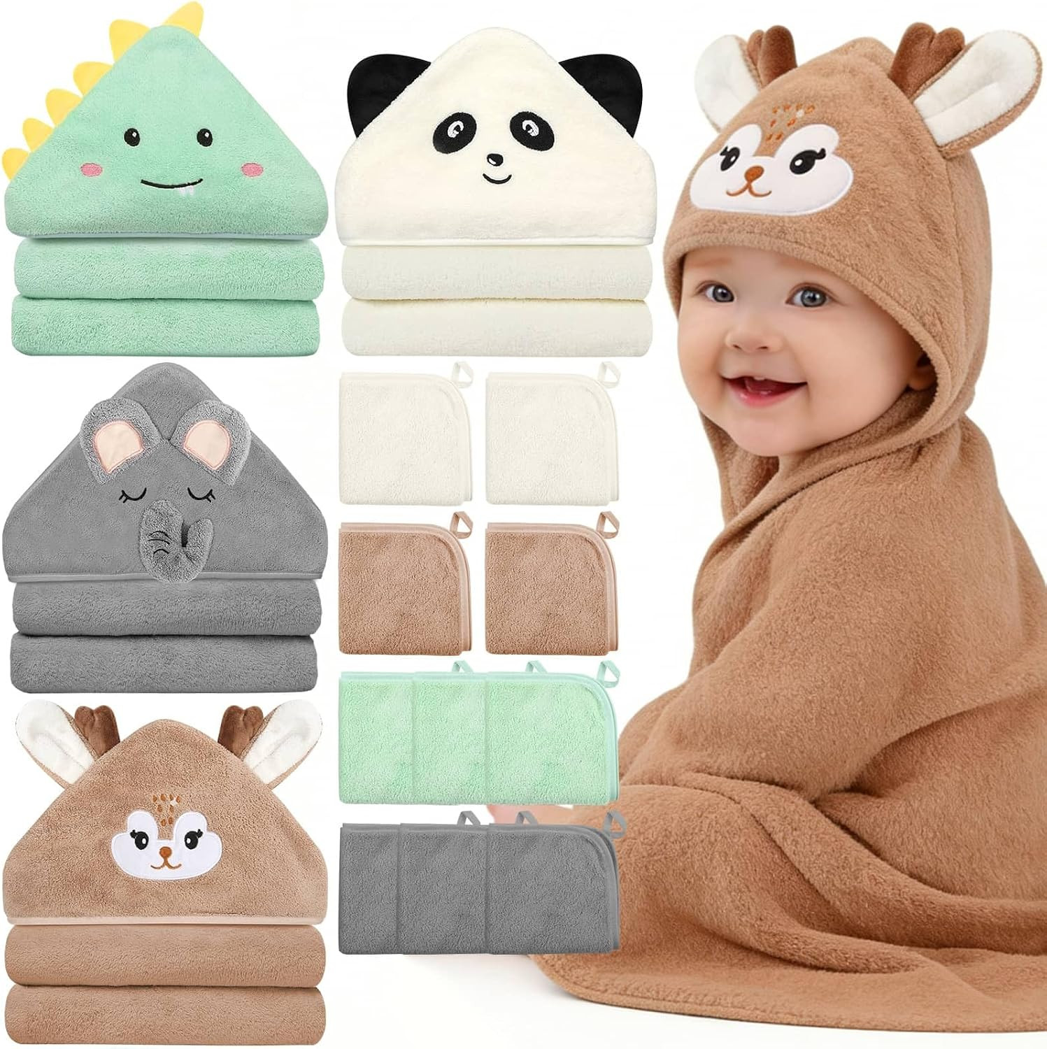 14 Pcs Baby Towels Set, Baby Towels and Washcloths Set,4 Pcs 32x32 in Cute Hooded Bath Towel & 10 Pcs Baby Washcloths for Infants, Toddlers and Kids - Dinosaurs, Pandas, Elephants & Moose | Amazon (US)