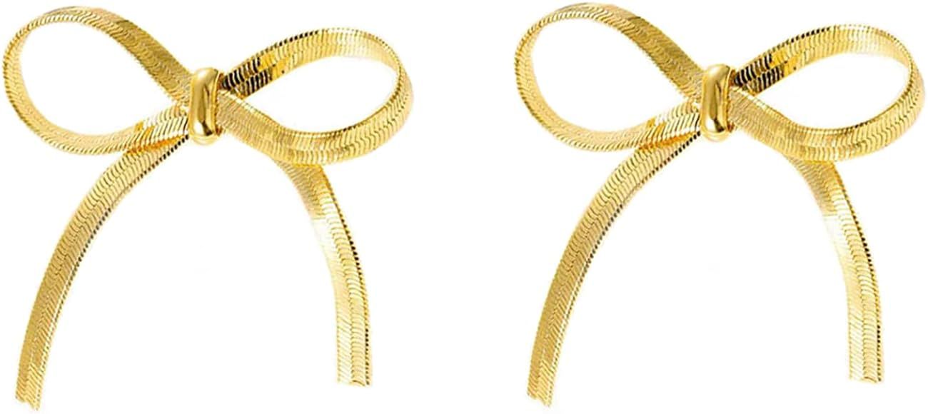 LEMEDO Gold Bow Stud Earrings for Women 14K Gold Plated Bowknot Ribbon Earrings Cute Bow Knot Ear... | Amazon (US)