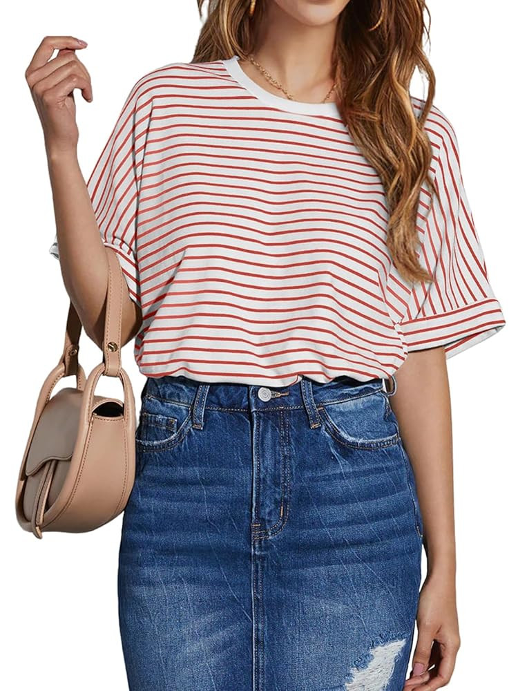 AGSEEM Striped Shirt Women Tops for Women Trendy Striped 2025 Fashion Y2k Color Block Crewneck Lo... | Amazon (US)