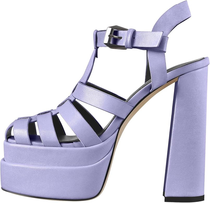 Women's Fashion Crystal Clasp Square Toe Chunky Heel Sandals Platform Rhinestone Ankle Strap Stilett | Amazon (US)