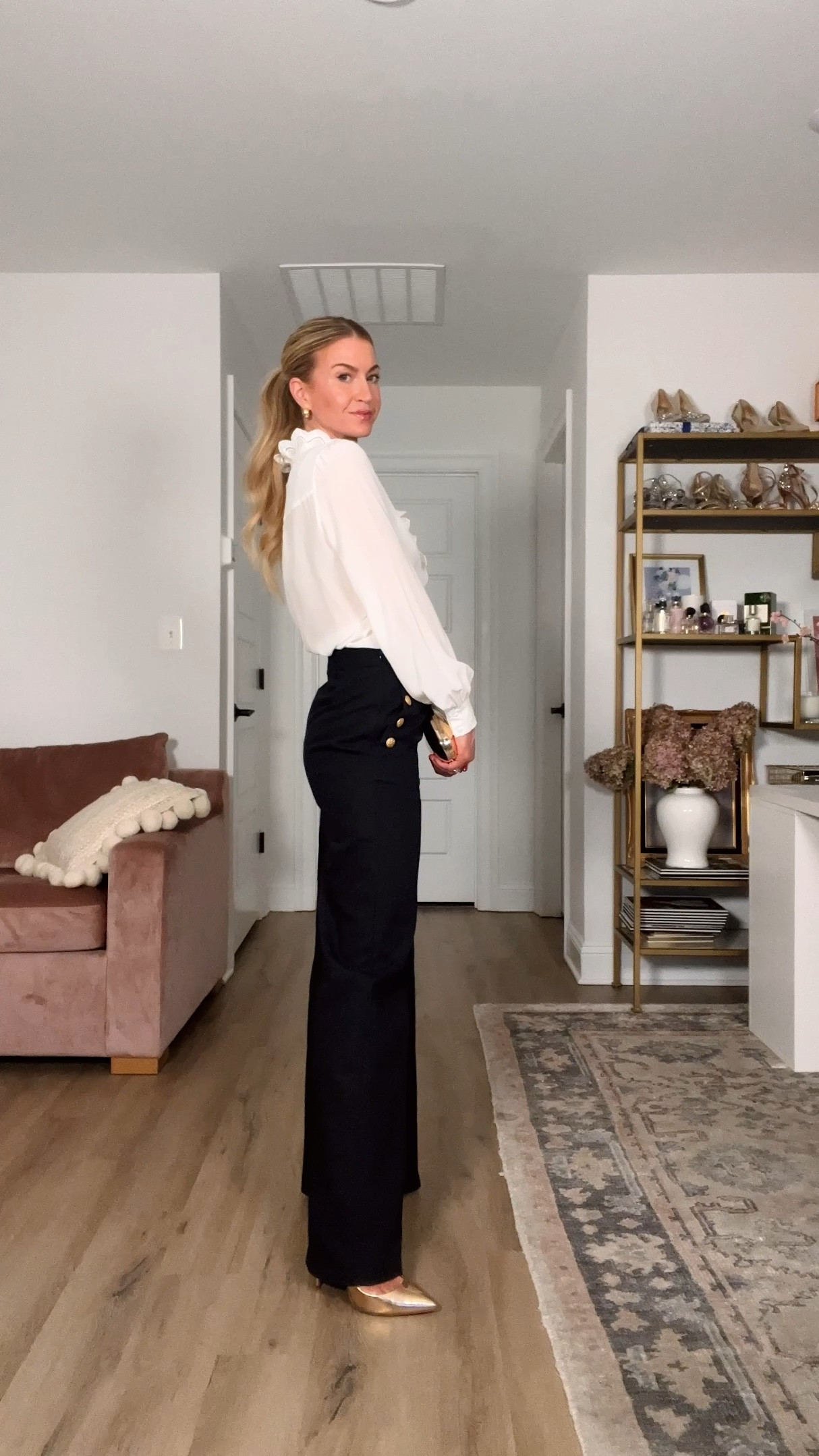 Navy sailor trousers (color:navy) - run TTS, wearing size 4 + a 2.5” heel (I’m 5’6”)

White silk blouse (color: Ecru) - runs TTS, wearing size 4

#LTKstyletip #LTKMostLoved #LTKworkwear