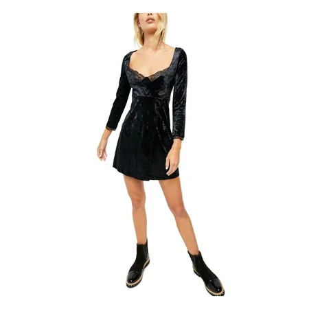 FREE PEOPLE Womens Black Velvet 3/4 Sleeve Scoop Neck Mini Fit + Flare Party Dress Size XS | Walmart (US)
