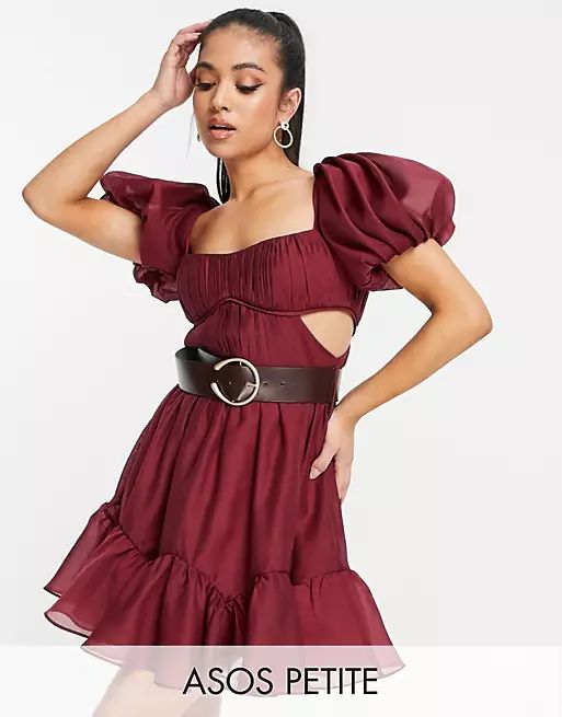 ASOS DESIGN Petite voile mini dress with pleated bodice and PU belt  | ASOS | ASOS (Global)