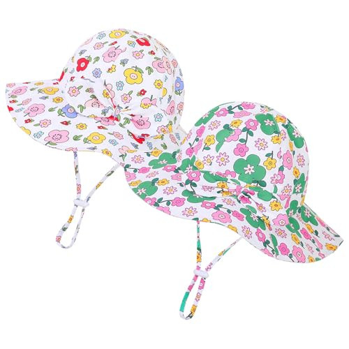 Baby Girl Sun Hat Toddler Beach Hats with UPF 50+ Protective Infant Summer Hat with Wide Brim Baby Girls Bucket Hat (US, Age, 0 Months, 6 Months, Pink Flower - 2pcs) | Amazon (US)