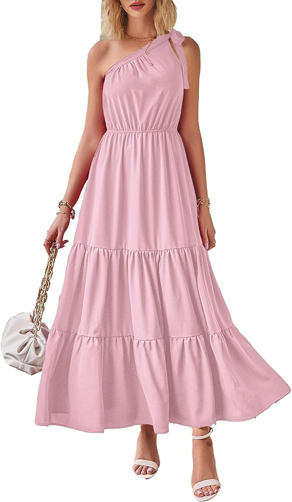 PRETTYGARDEN Women's Floral Summer Dress 2023 Knot One Shoulder Sleeveless Ruffle Hem Flowy Boho ... | Amazon (US)