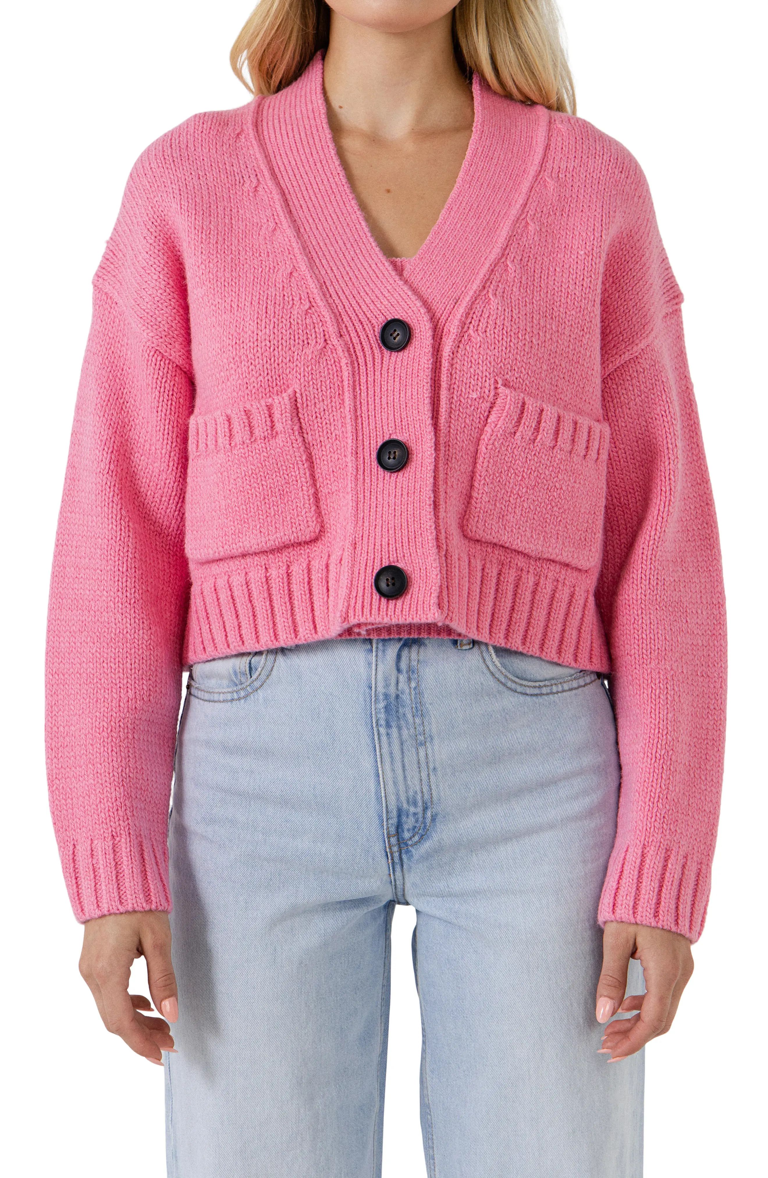 English Factory V-Neck Cardigan Sweater in Pink at Nordstrom, Size Medium | Nordstrom