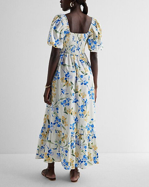 Floral Square Neck Puff Sleeve Tiered Poplin Midi Dress | Express