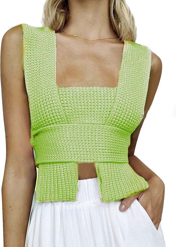Women’s Y2K Crop Sweater Top Sleeveless Wrap Tie Strappy Backless Knitted V Neck Casual Bandage... | Amazon (US)