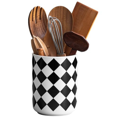 Kitchen Utensil Holder for Countertop， 6.4" Ceramic Utensil Holder Deep and Stable，Kitchen Utensil Organizer，Modern Checkered Utensil Holder for Kitchen Decor | Amazon (US)
