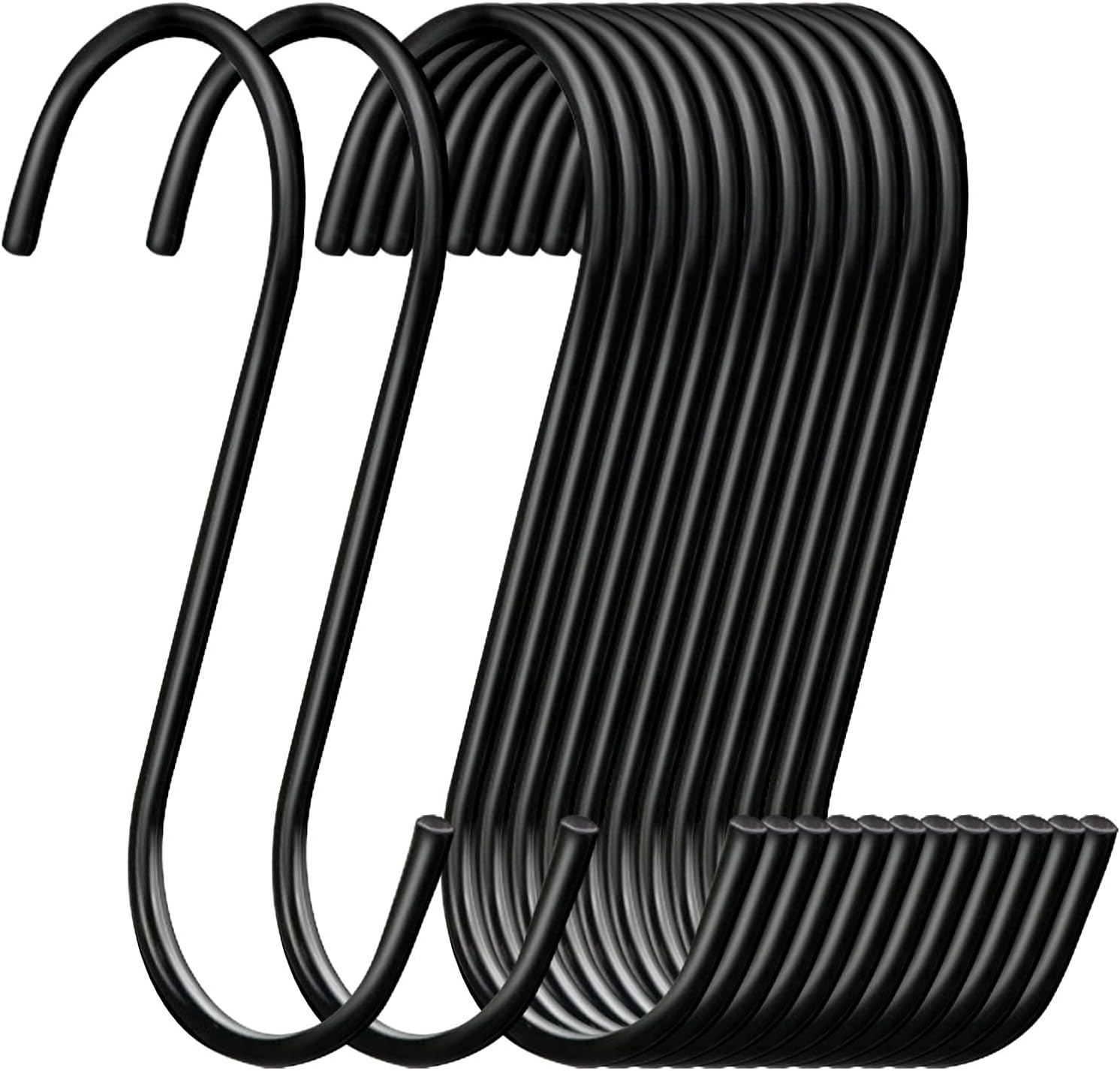 ESFUN 30 Pack 3.7 inch Length S Hooks Black Steel S Shaped Hooks for Hanging Jeans Pans Pots Plants Bags Towels Kitchen Closet Hooks Hanger, Fit the Rod Dia Less Than 1.2 inches | Amazon (US)