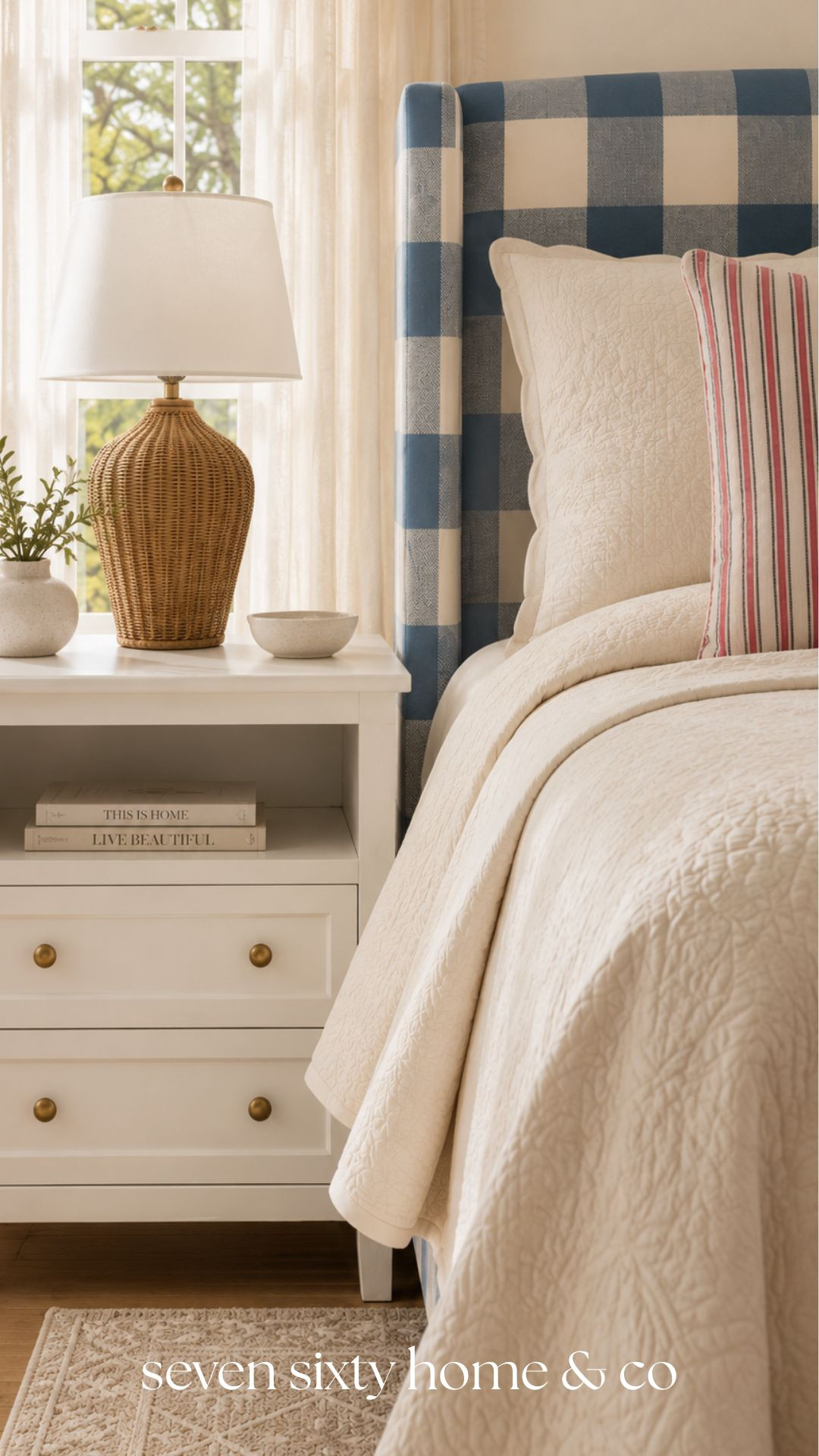 A gingham bed, woven lamps, crisp white nightstands, and soft layered bedding... this is the home version of the perfect summer outfit. Classic patterns, natural textures, and timeless colors create a bedroom you'll love well beyond the Fourth of July. Everything shown is linked to shop. 

 #LTKSeasonal #LTKHome #LTKSaleAlert