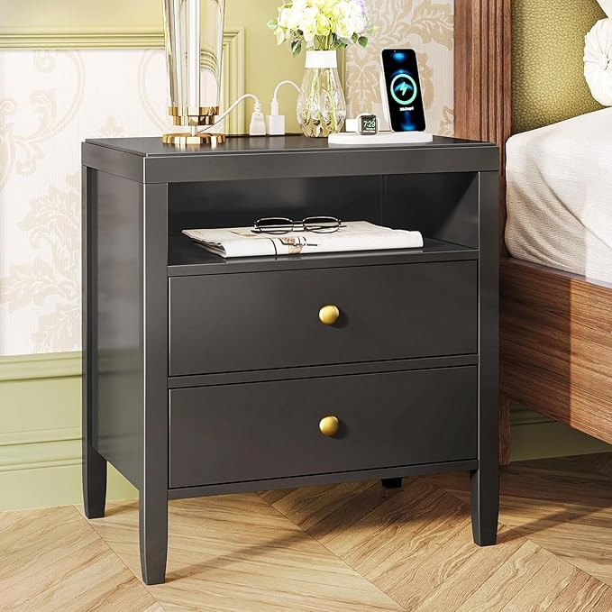Huuger Nightstand with Charging Station, Black Nightstand with 2 Drawers, Bed Side Table for Bedr... | Amazon (US)