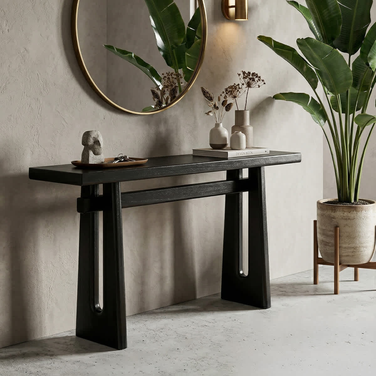 Coolbibila 59 Inch Black Console Table with MDF Wood Veneer and Geometric Base for Entryway or Living Room one_size | EMILY-CONSOLE-BLACK | Lowe's