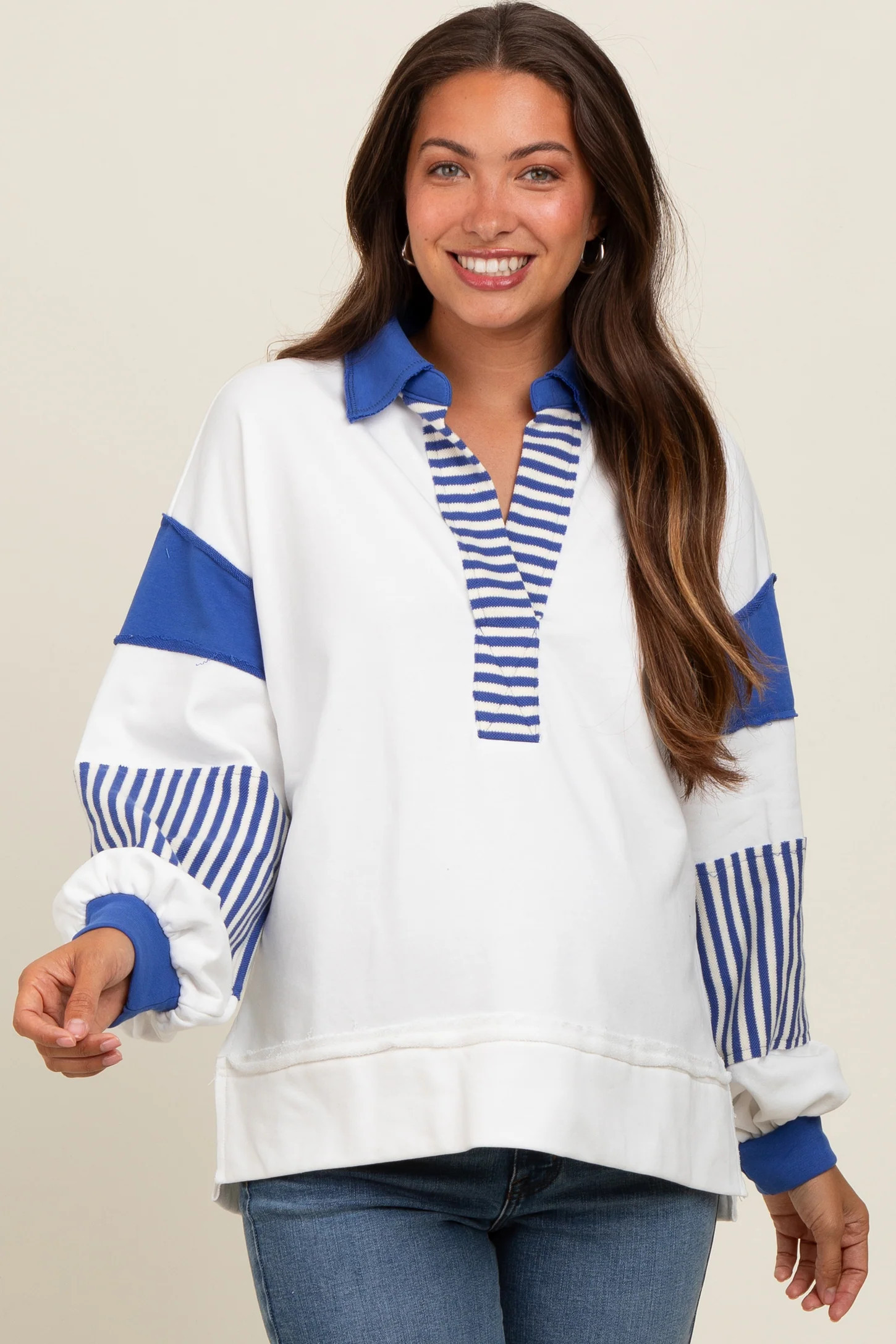 White Colorblock Striped Maternity Long Sleeve Top | PinkBlush Maternity