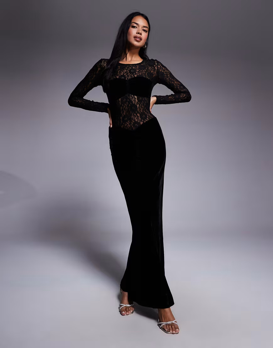 Bardot Helenie velour lace maxi dress in black | ASOS (Global)
