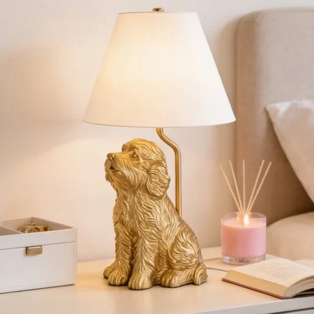 Golden Retriever Lamp Nightstand Decor Dog Lamps, Goldendoodle Cute Desk Lamp, Animal Stained Glass Puppy Lamp Night Light with Gold Finish and Tapered Linen Shade | Walmart (US)