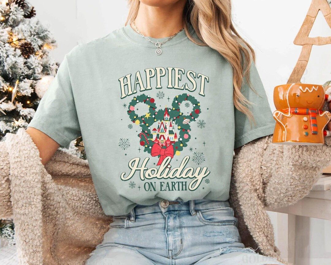 Mickey Christmas Wreath Fantasyland Castle Happiest Holiday on Earth T-shirt, Cute Disney Xmas Sh... | Etsy (US)
