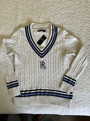 LAUREN RALPH LAUREN Ivory V-Neck Cable Knit Cotton Cricket Sweater Womens L NWT  | eBay | eBay US