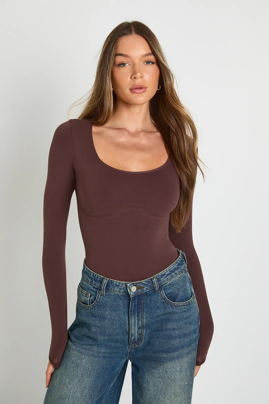 Seamless Scoop Neck Long Sleeve Bodysuit | Boohoo.com (UK & IE)