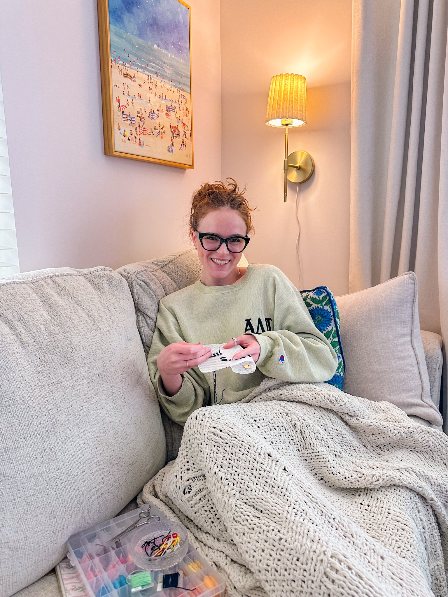 If you’re ever curious as to where I am on a Sunday afternoon….its right here!! While we watch football, I get settled into the corner of the couch & work away on my current needlepoint projects!! Right now I’m stitching a little door hanger 🤍

#LTKHome